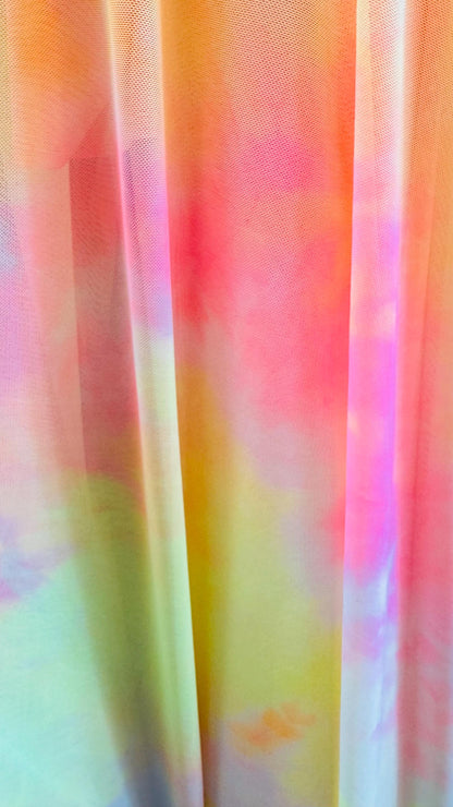 New tie dye power mesh multi pastel colors 4-way stretch 58/60” Sold by the YD. Ships worldwide from Los Angeles California USA.