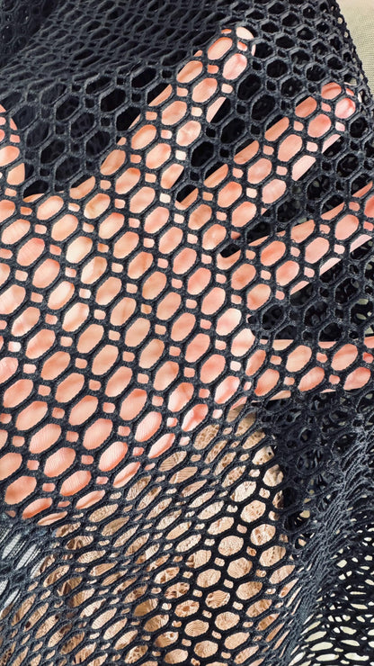 New 3D Black fishnet Geometric design  2-way stretch 58/60” Sold by the YD. Ships worldwide from Los Angeles California USA.