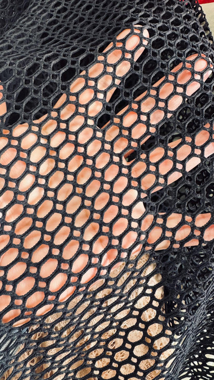 New 3D Black fishnet Geometric design  2-way stretch 58/60” Sold by the YD. Ships worldwide from Los Angeles California USA.