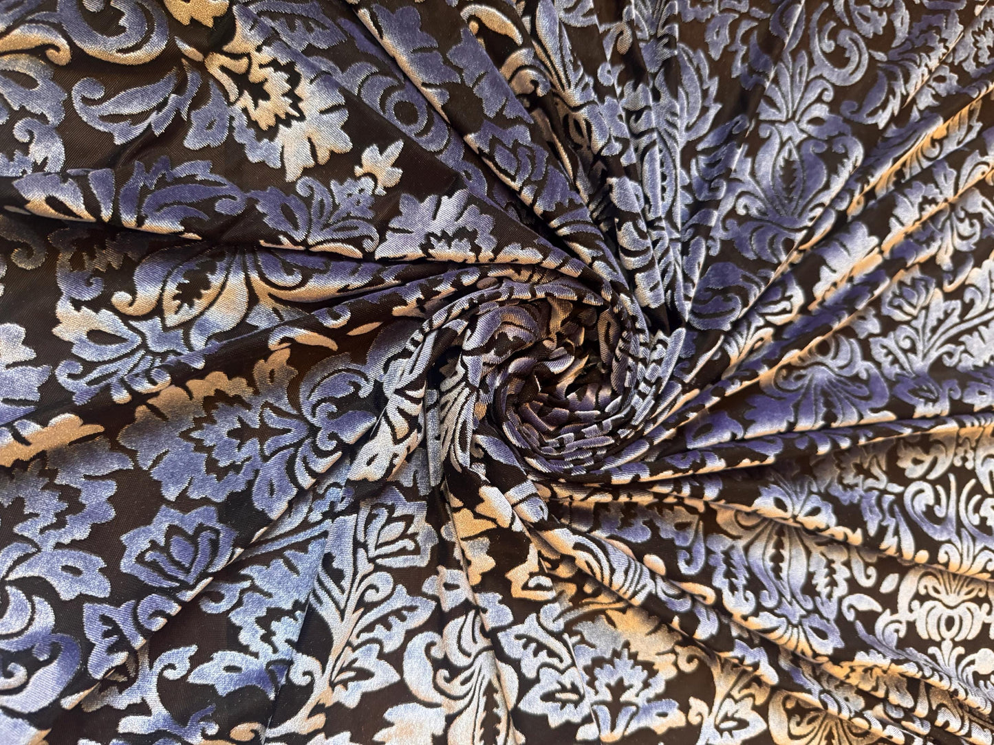 NEW Damask Victoria design Luxury burnout Black/Periwinkle color 4-way stretch 58/60” Sold by the YD. Ships Worldwide from Los Angeles CA