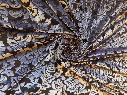 NEW Damask Victoria design Luxury burnout Black/Periwinkle color 4-way stretch 58/60” Sold by the YD. Ships Worldwide from Los Angeles CA
