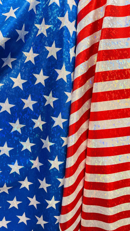 Stars and Stripes Freedom American Flag design on metallic shattered glass hologram nylon spandex 4-way stretch 58/60” High quality fabrics