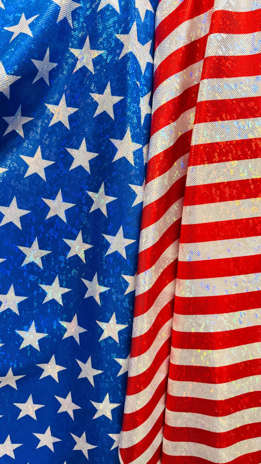 Stars and Stripes Freedom American Flag design on metallic shattered glass hologram nylon spandex 4-way stretch 58/60” High quality fabrics
