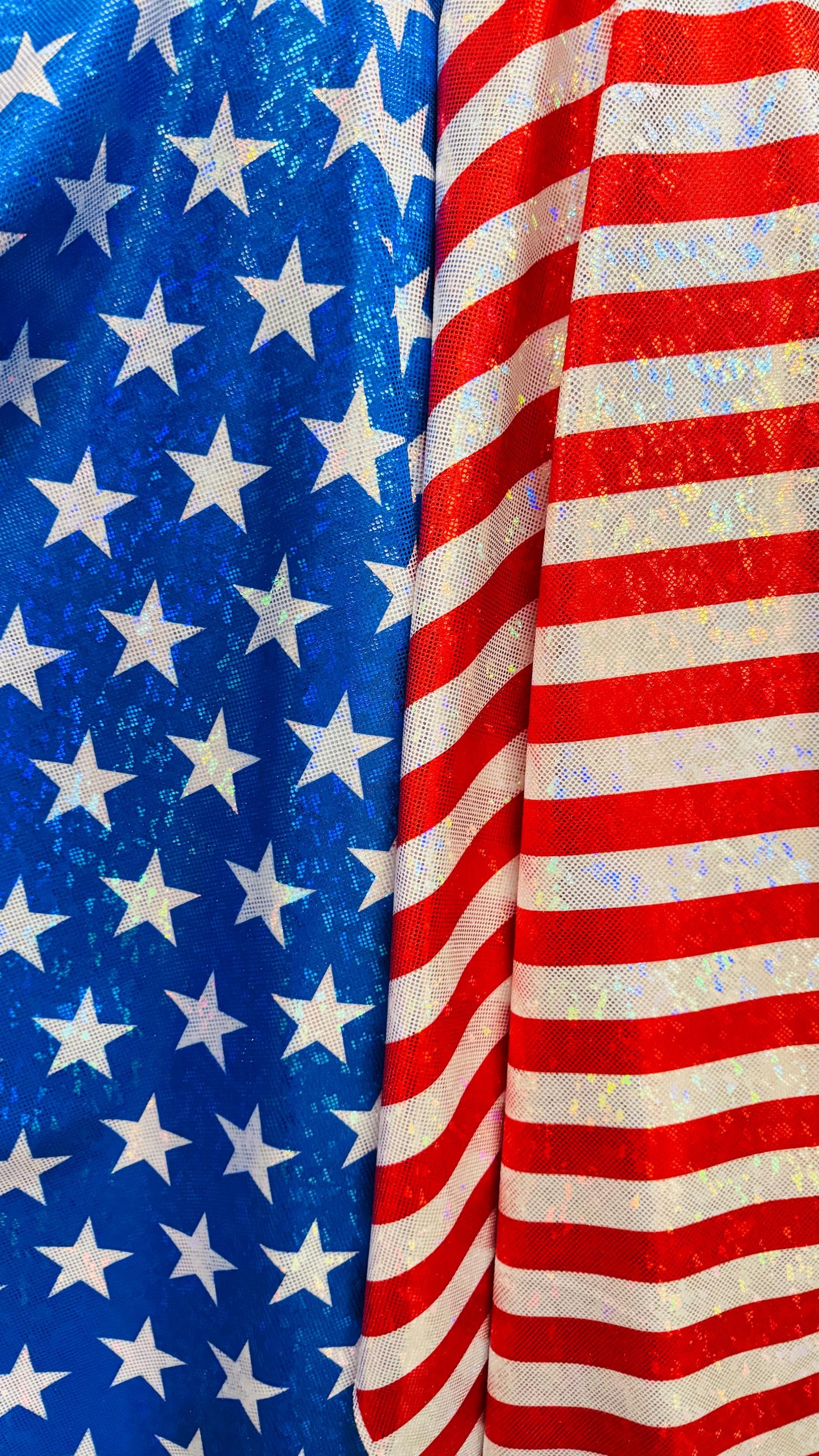Stars and Stripes Freedom American Flag design on metallic shattered glass hologram nylon spandex 4-way stretch 58/60” High quality fabrics