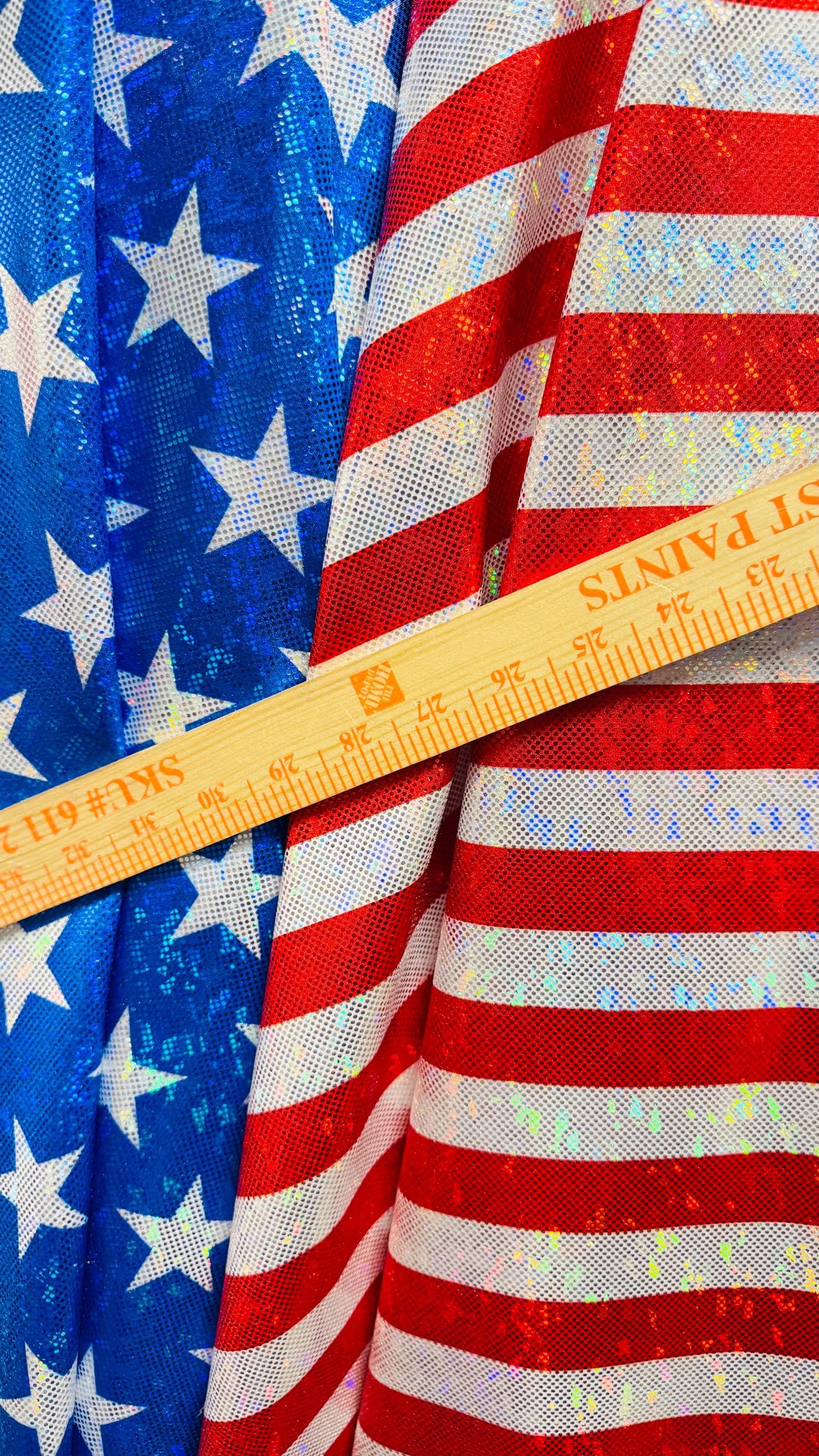 Stars and Stripes Freedom American Flag design on metallic shattered glass hologram nylon spandex 4-way stretch 58/60” High quality fabrics