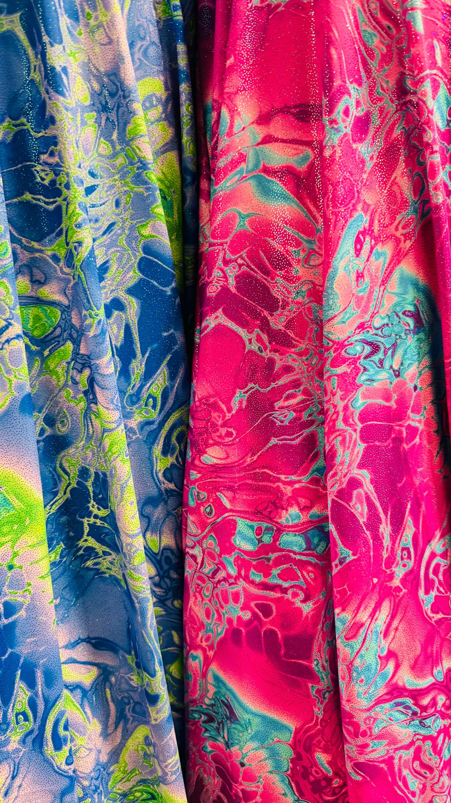 New Modern Abstract Lava Magma Design With Hologram foil nylon spandex 4-Way Stretch 58/60” Sold By The YD. Ships Worldwide From Los Angeles