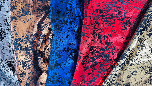 New Splatter Lava Abstract design on stretch velvet with all over foil metallic spandex velvet 4-way stretch 58/60” High quality fabrics