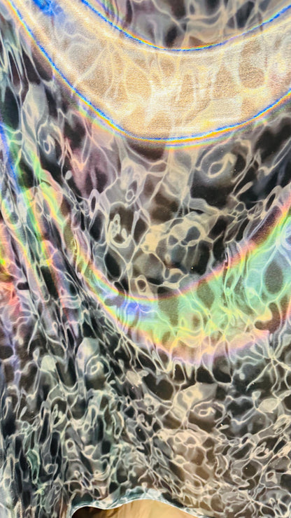 New Ghost 3D design metallic nylon spandex with iridescent foggy foil 4-way stretch 58/60” Sold by the YD. Ships Worldwide from Los Angeles