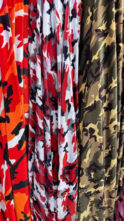 NEW Camouflage design print on great quality of stretch velvet 4-way stretch 58/60” Sold by the YD. Ships Worldwide from Los Angeles CA