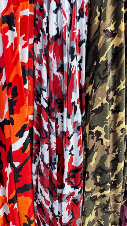 NEW Camouflage design print on great quality of stretch velvet 4-way stretch 58/60” Sold by the YD. Ships Worldwide from Los Angeles CA