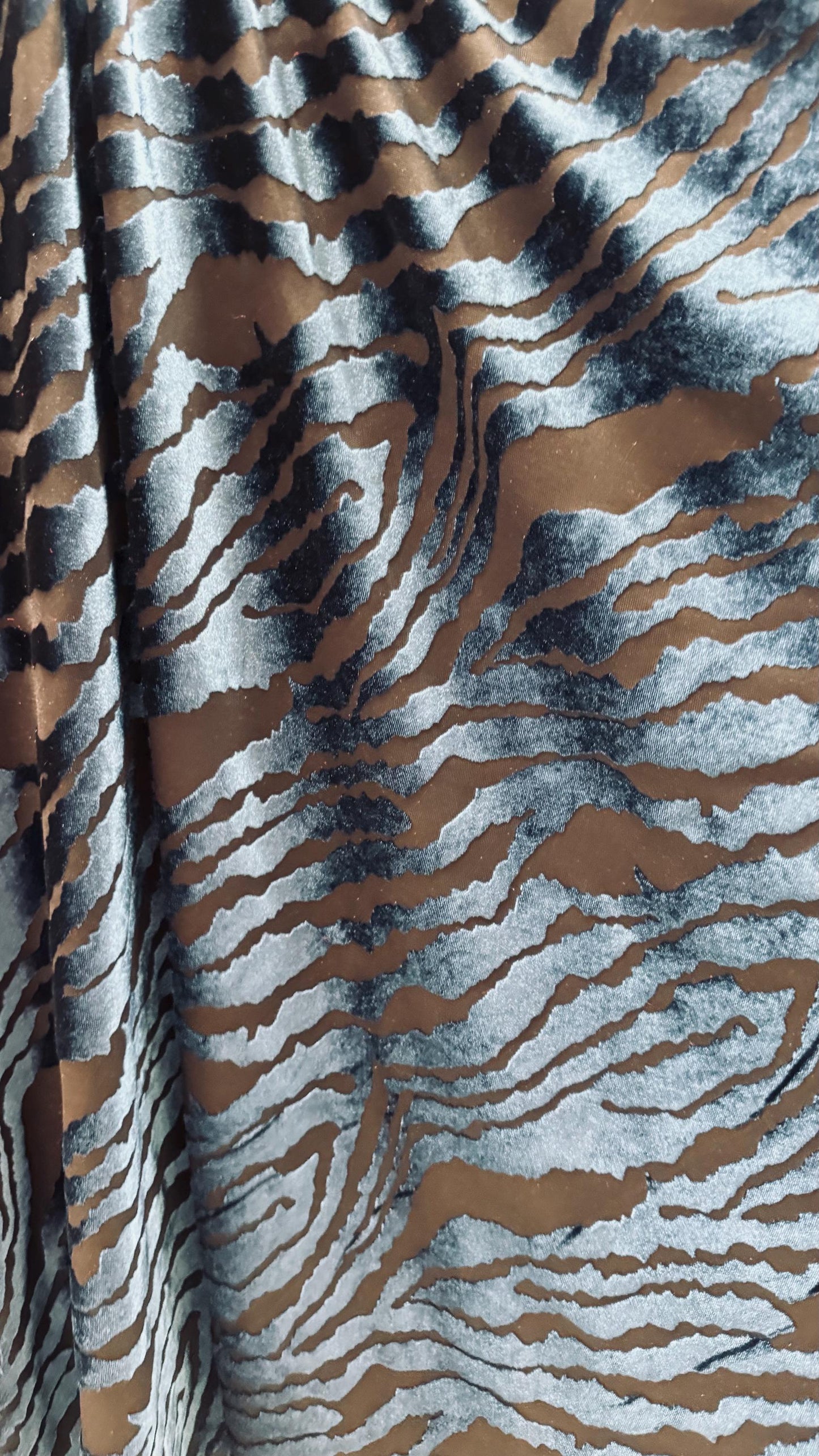 Luxury Tiger design Black/Navy on stretch Burnout velvet 4-way 58/60” Sold by the YD. High quality fabrics by AlexLAFabrics