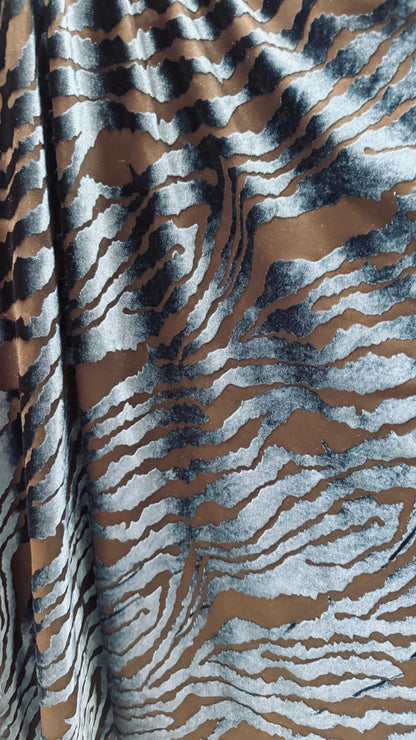 Luxury Tiger design Black/Navy on stretch Burnout velvet 4-way 58/60” Sold by the YD. High quality fabrics by AlexLAFabrics