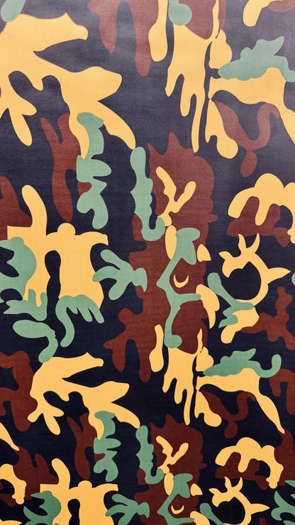 New Camouflage design on  heavy vinyl non stretch 58/60" Sold by the YD. Ships worldwide from Los Angeles California USA.