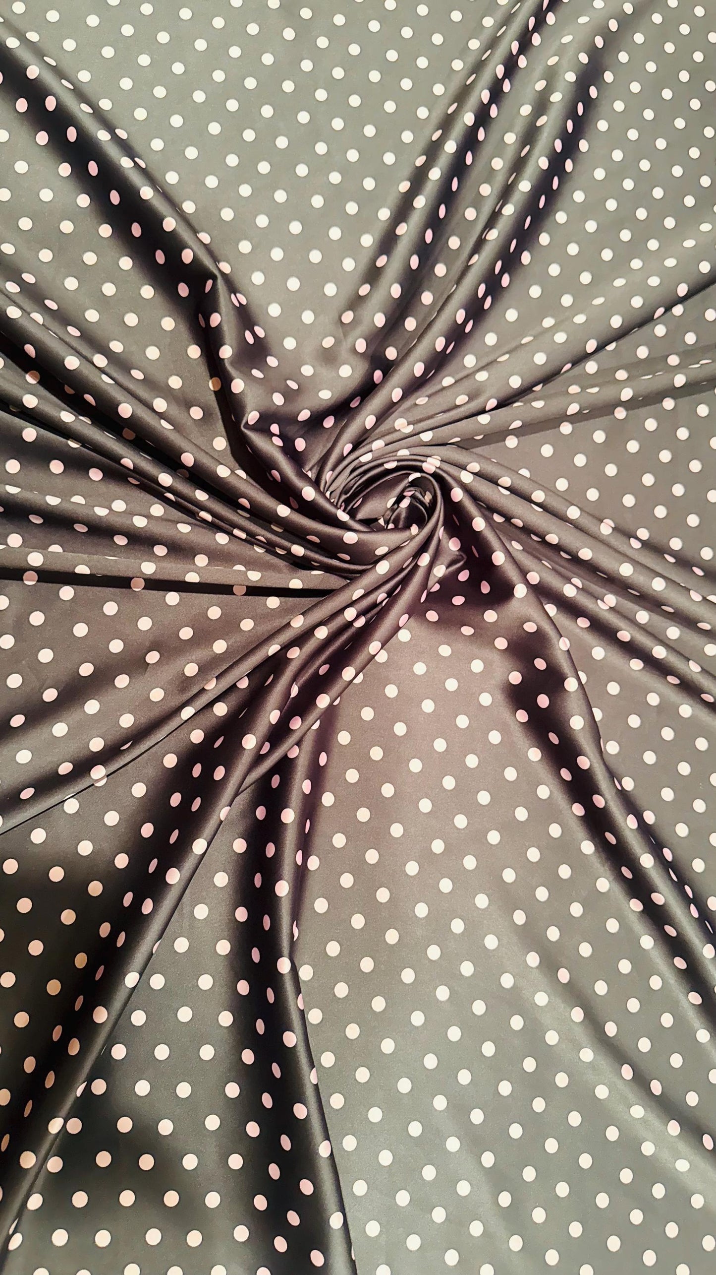 Polka Dots design on silky stretch satin 2-way stretch 44/45” Sold by the YD. High quality fabrics by AlexLAFabrics