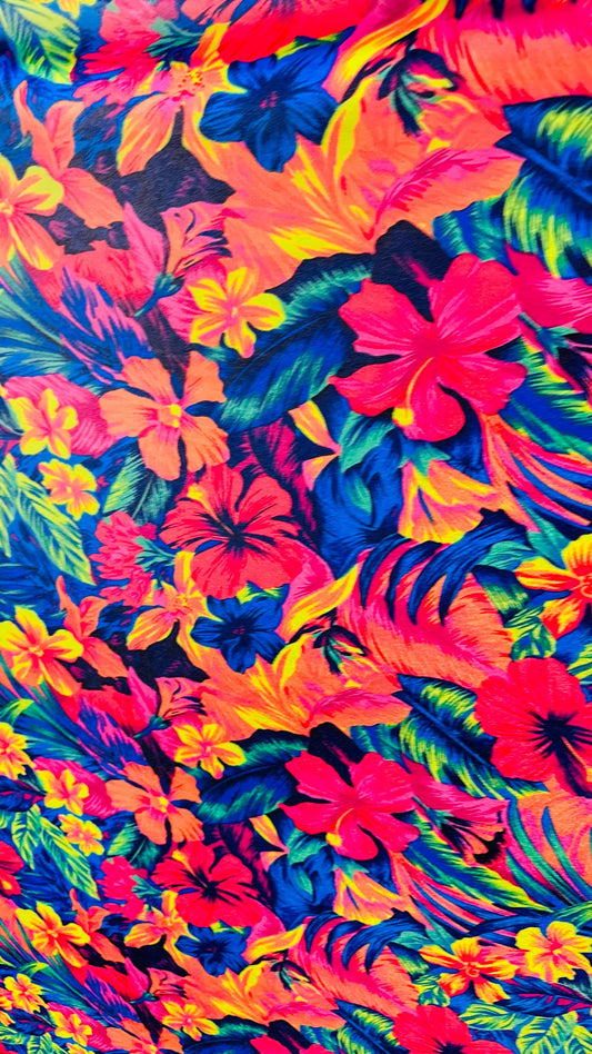 Hawaiian flower design colorful print on best quality of stretch velvet 4-way stretch 58/60” Sold by the YD. High quality fabrics
