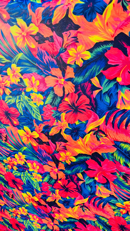Hawaiian flower design colorful print on best quality of stretch velvet 4-way stretch 58/60” Sold by the YD. High quality fabrics