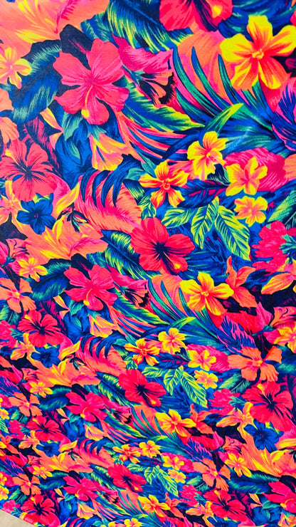 Hawaiian flower design colorful print on best quality of stretch velvet 4-way stretch 58/60” Sold by the YD. High quality fabrics