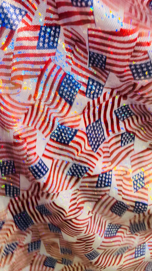 Freedom American Flag design on metallic shattered glass hologram nylon spandex 4-way stretch 58/60” High quality fabrics by AlexLAFabrics