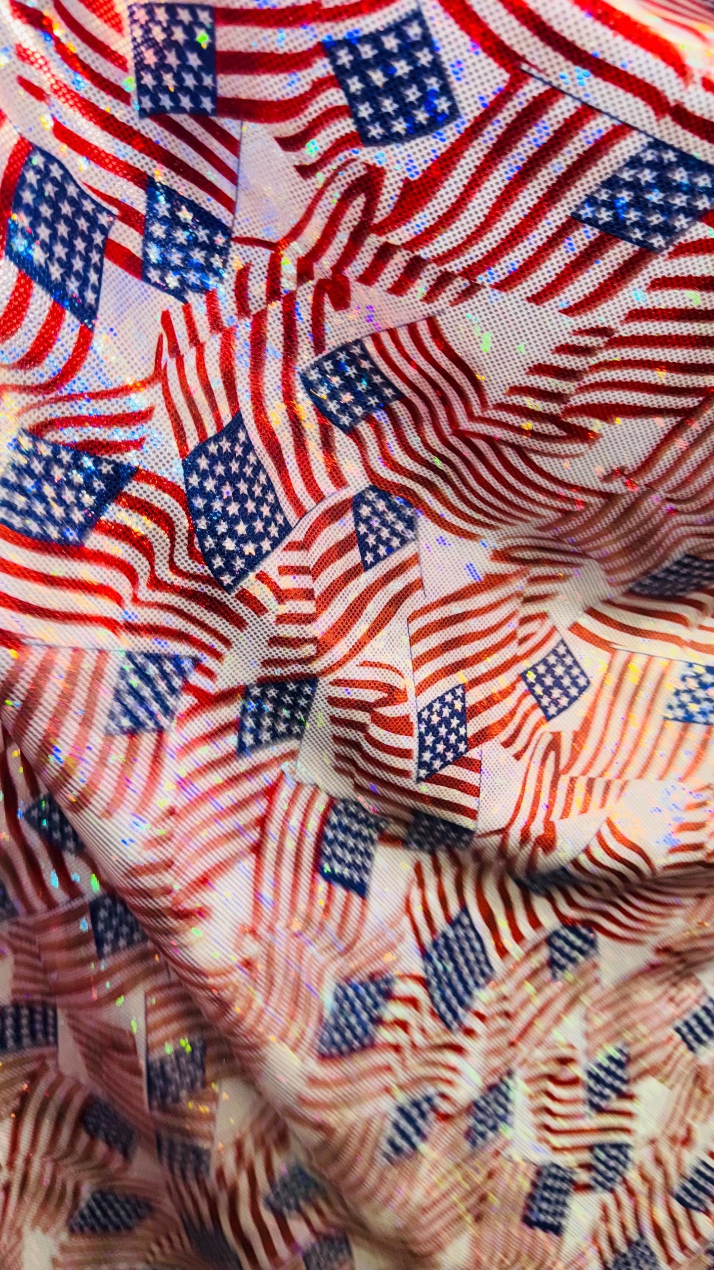 Freedom American Flag design on metallic shattered glass hologram nylon spandex 4-way stretch 58/60” High quality fabrics by AlexLAFabrics