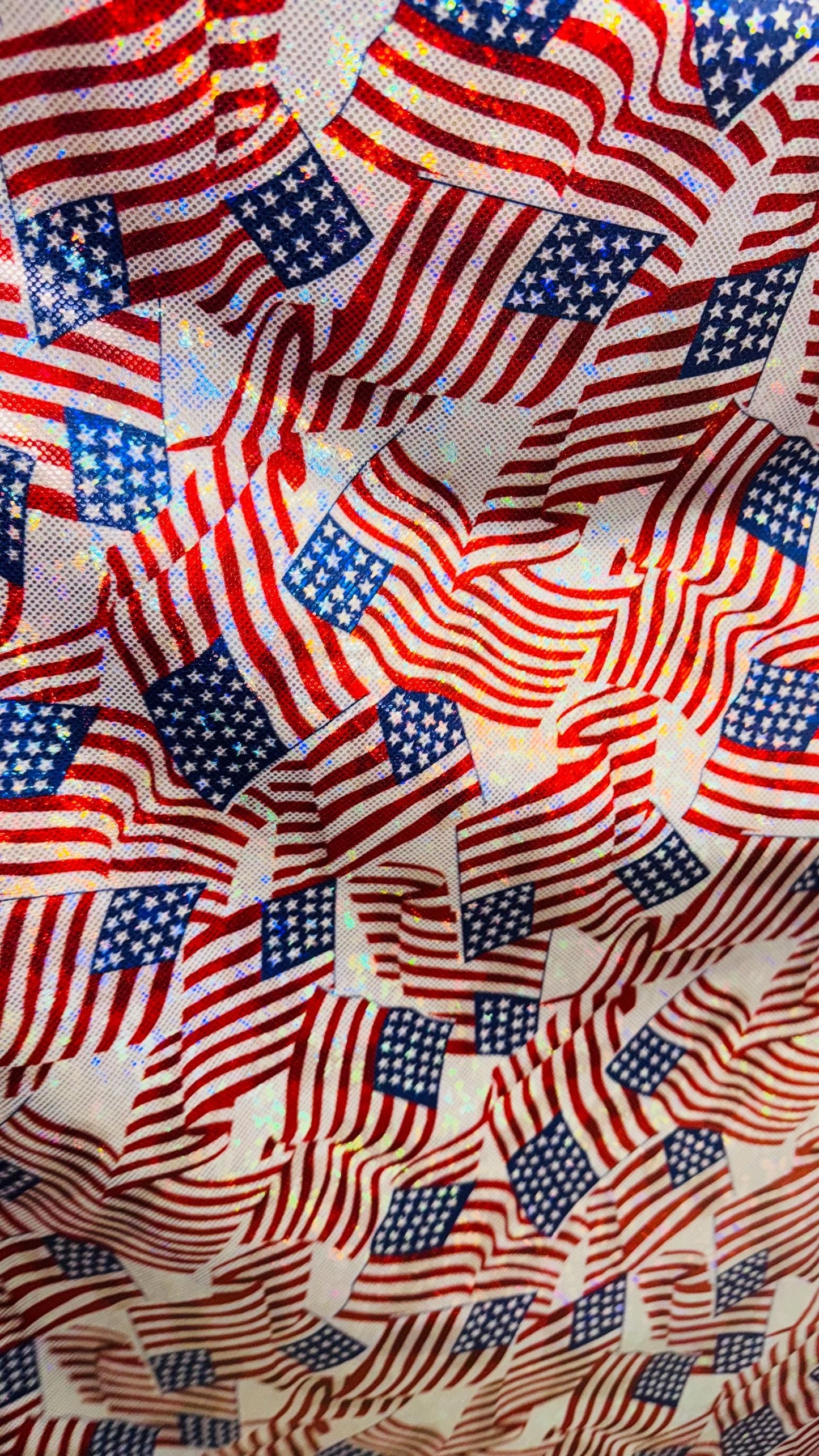 Freedom American Flag design on metallic shattered glass hologram nylon spandex 4-way stretch 58/60” High quality fabrics by AlexLAFabrics