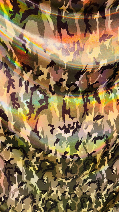 NEW Camouflage Army design on Iridescent Oil Slick metallic hologram nylon spandex 4way stretch 58/60" Sold by the YD. Ships worldwide
