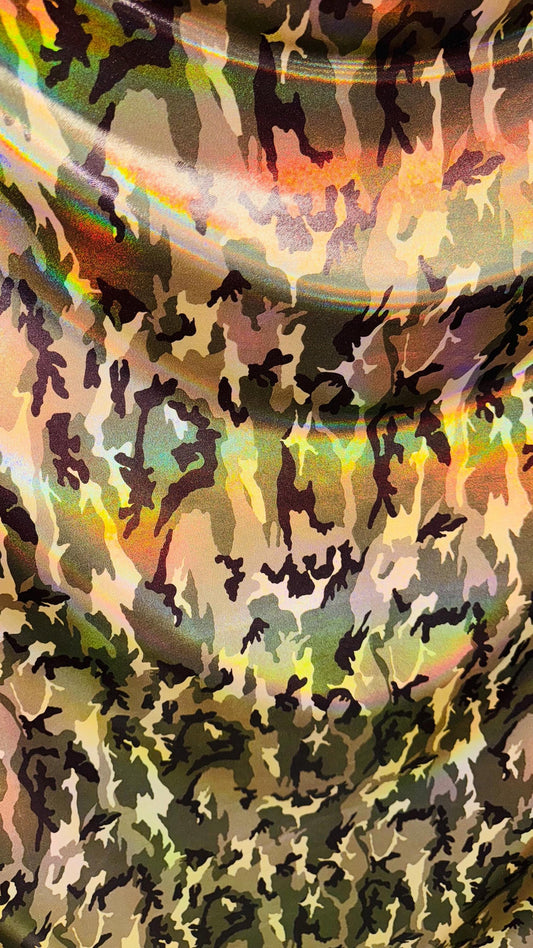NEW Camouflage Army design on Iridescent Oil Slick metallic hologram nylon spandex 4way stretch 58/60" Sold by the YD. Ships worldwide