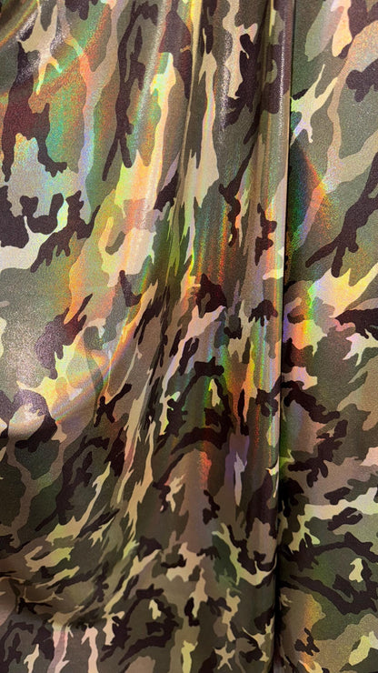 NEW Camouflage Army design on Iridescent Oil Slick metallic hologram nylon spandex 4way stretch 58/60" Sold by the YD. Ships worldwide