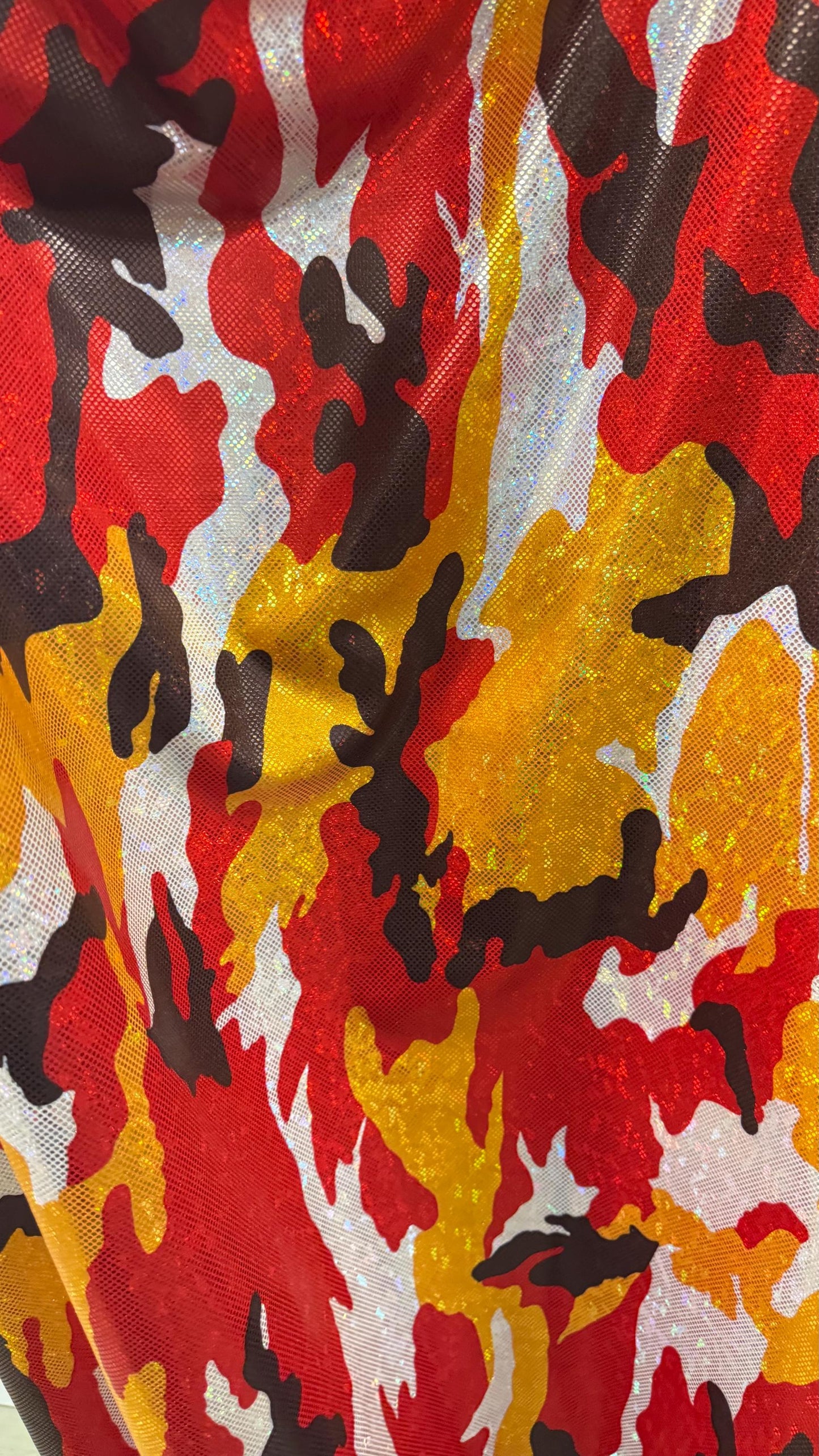 NEW Camouflage design Red/Gold/Black  on shattered glass metallic nylon spandex 4-way stretch 58/60” High quality fabrics by AlexLAFabrics