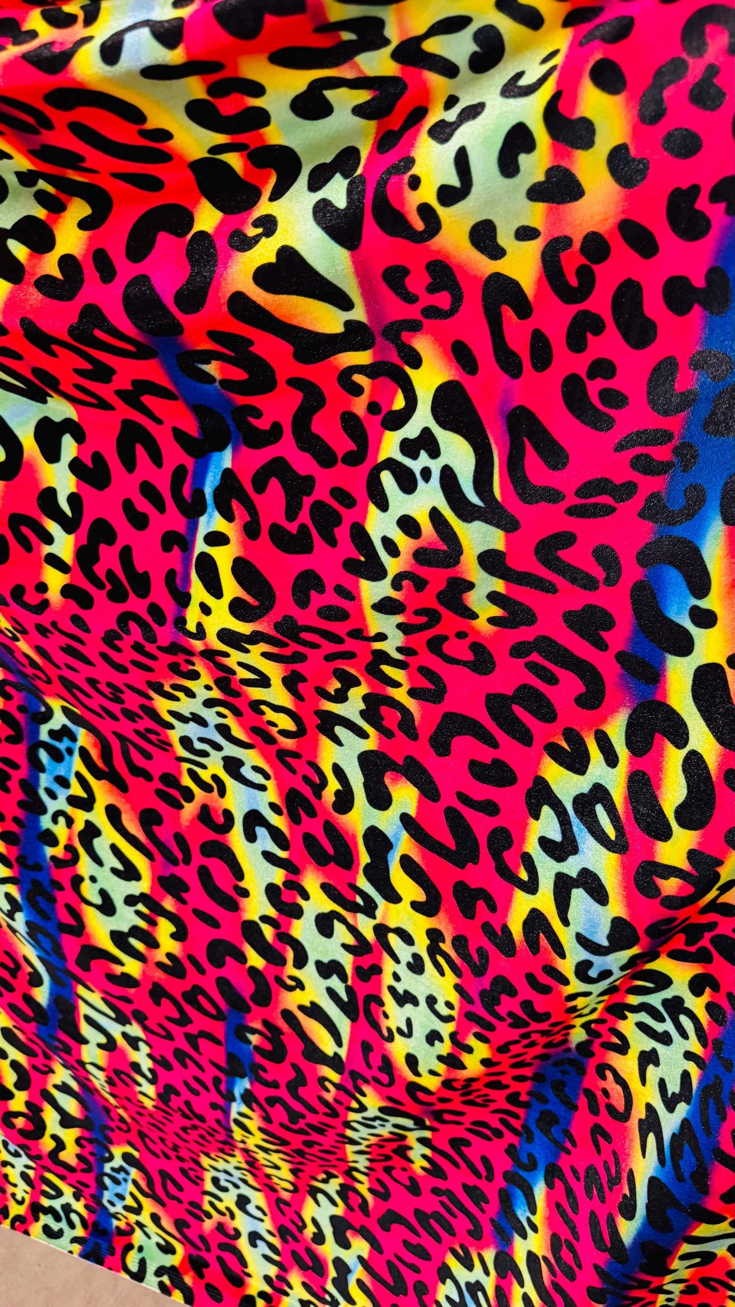 New Leopard design with vivid rainbow colors  on heavy stretch velvet 4way stretch 58/60" Sold by the YD. Ships worldwide from Los Ángeles
