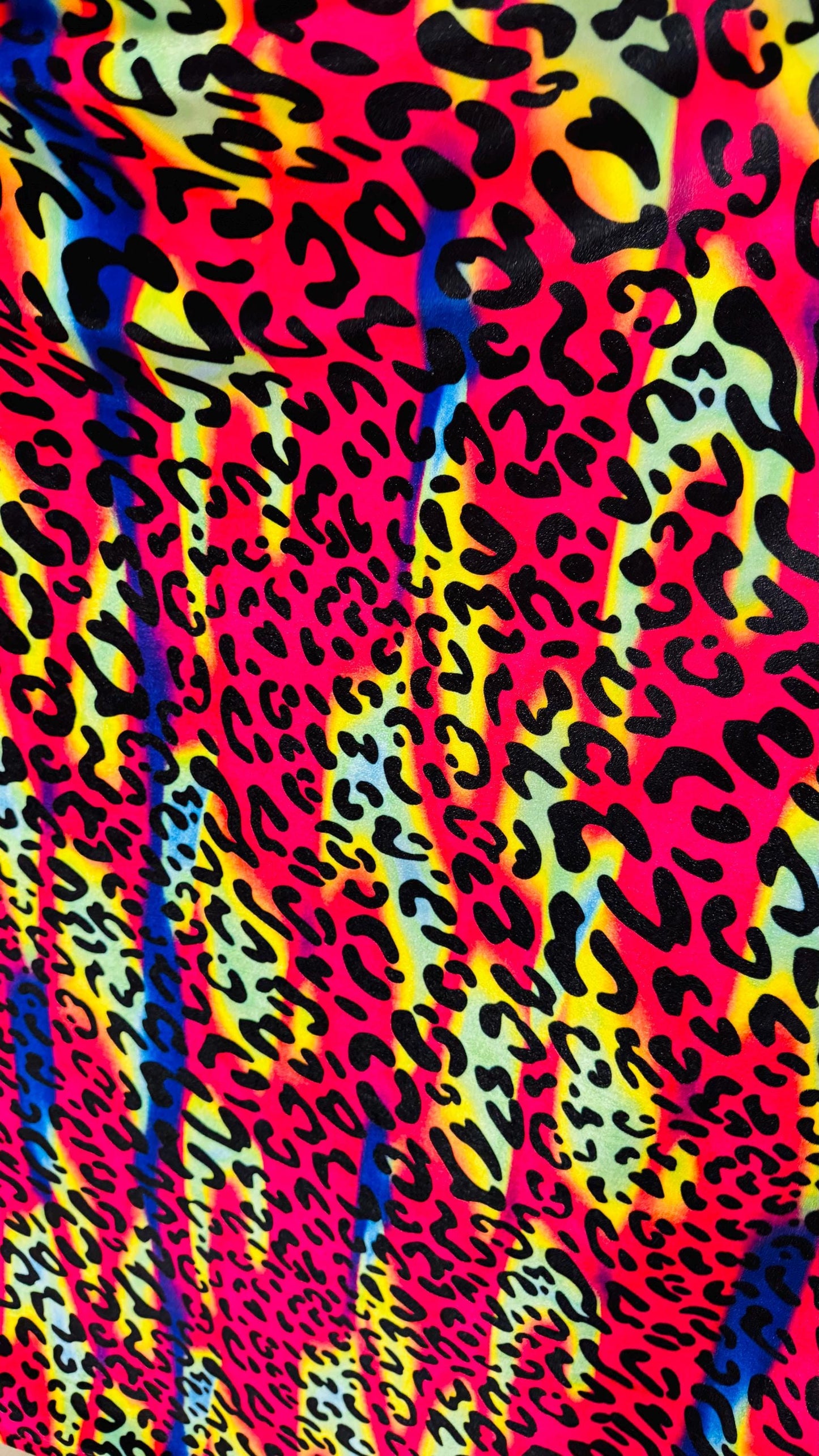 New Leopard design with vivid rainbow colors  on heavy stretch velvet 4way stretch 58/60" Sold by the YD. Ships worldwide from Los Ángeles