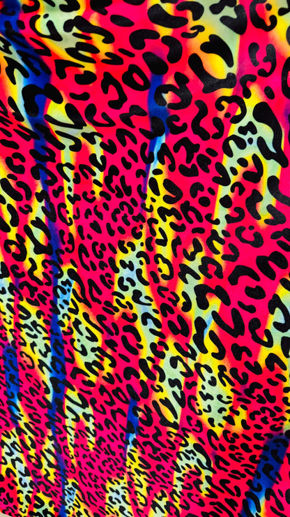 New Leopard design with vivid rainbow colors  on heavy stretch velvet 4way stretch 58/60" Sold by the YD. Ships worldwide from Los Ángeles