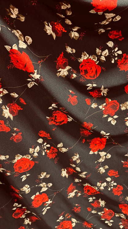 New flower design on poly spandex medium weight 4-way stretch 58/60” Sold by the YD. Ships worldwide from Los Angeles California USA.