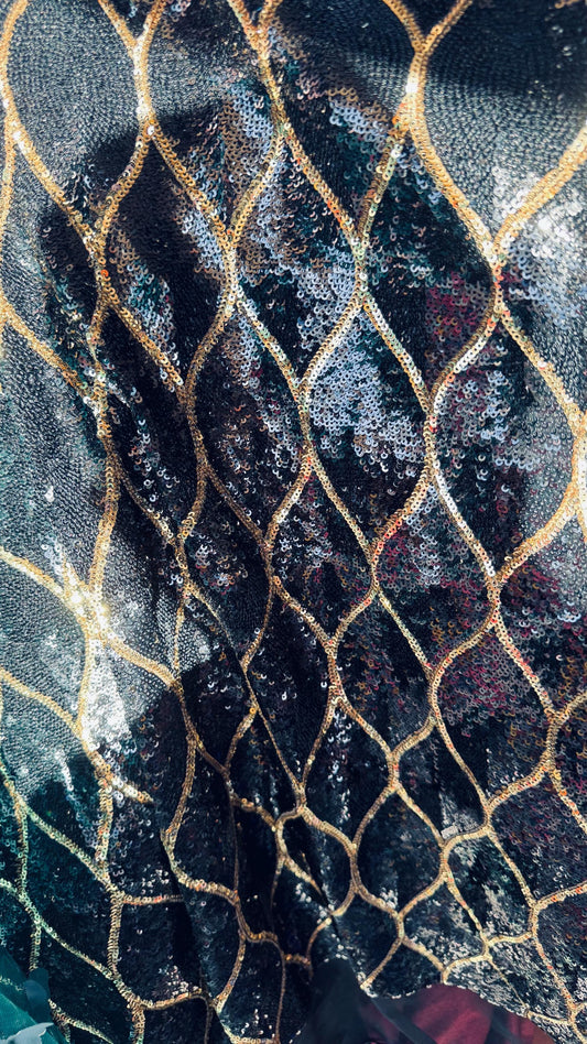 Abstract design cosmic glitz sequins Black/Gold on stretch mesh 2-way 52/54” Sold by the yd Ships worldwide from Los Angeles California USA