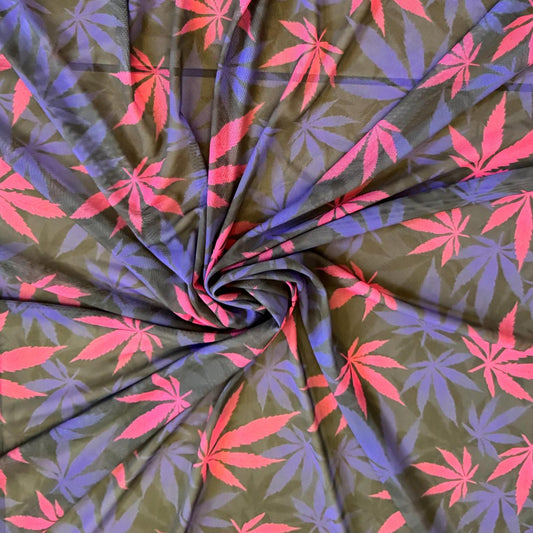 Marijuana Leaf design print on power mesh 4-way stretch 58/60” Sold by the YD. Ships Worldwide from Los Angeles California USA.