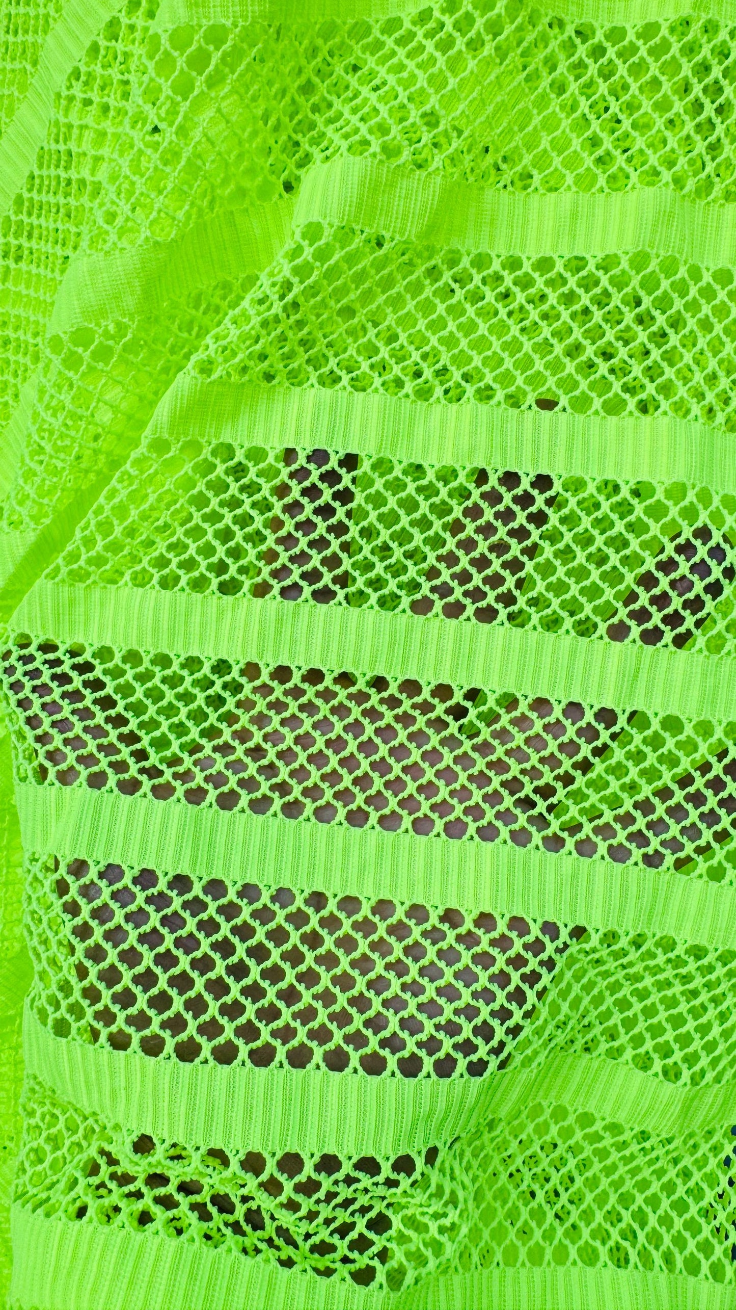 New fishnet Neon Green  with stripe design nylon spandex 2way stretch 58/60” Sold by the YD. Ships worldwide from Los Angeles California USA