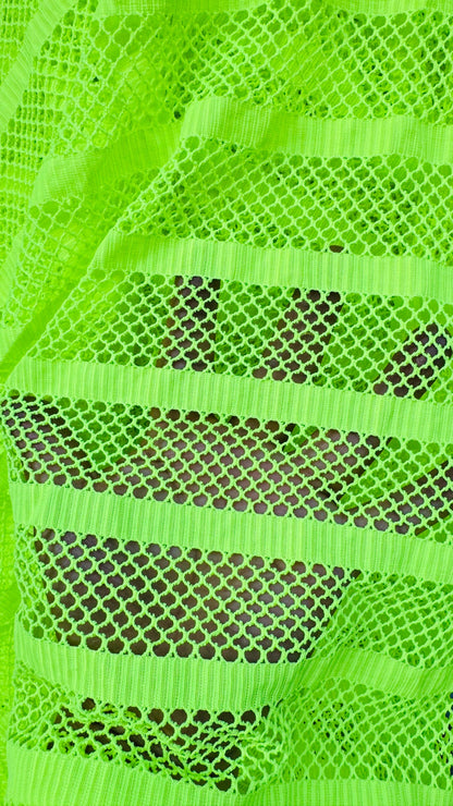 New fishnet Neon Green  with stripe design nylon spandex 2way stretch 58/60” Sold by the YD. Ships worldwide from Los Angeles California USA