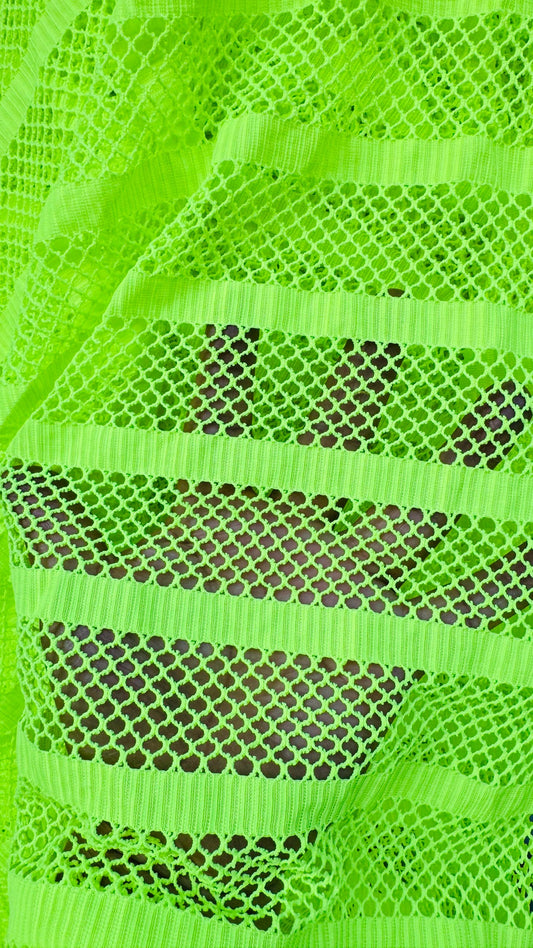 New fishnet Neon Green  with stripe design nylon spandex 2way stretch 58/60” Sold by the YD. Ships worldwide from Los Angeles California USA