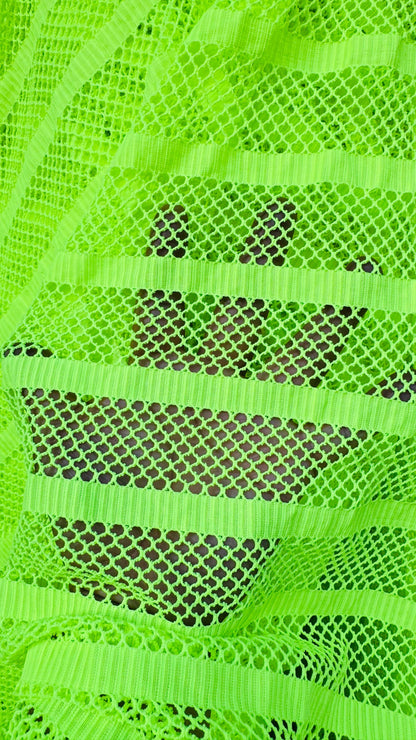 New fishnet Neon Green  with stripe design nylon spandex 2way stretch 58/60” Sold by the YD. Ships worldwide from Los Angeles California USA