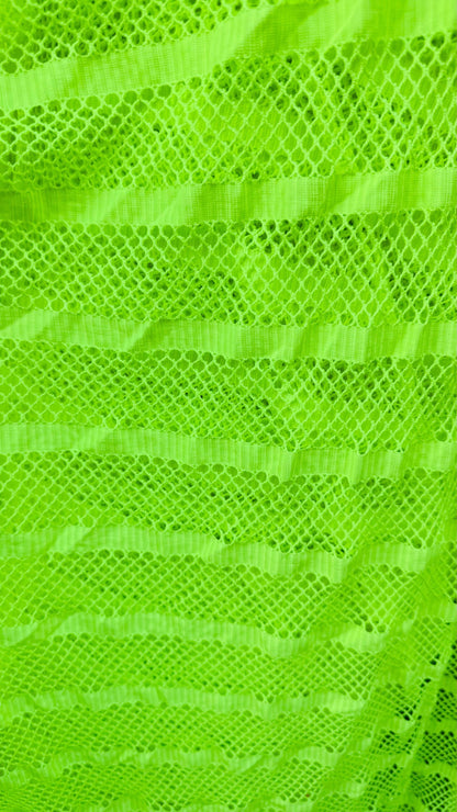New fishnet Neon Green  with stripe design nylon spandex 2way stretch 58/60” Sold by the YD. Ships worldwide from Los Angeles California USA