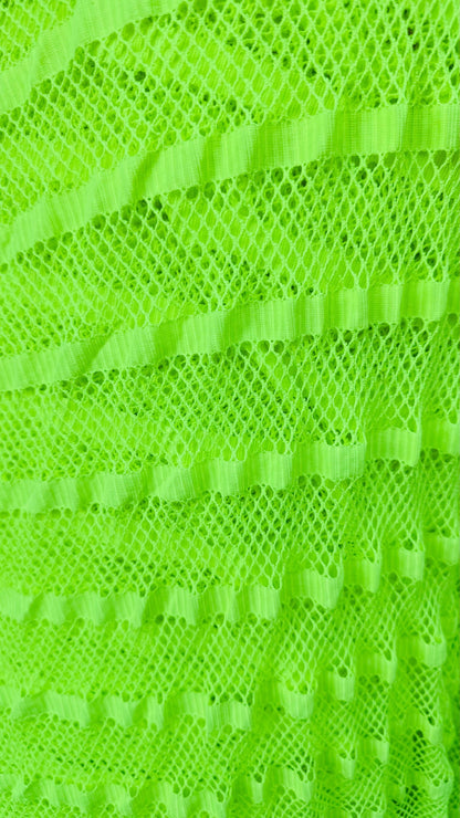 New fishnet Neon Green  with stripe design nylon spandex 2way stretch 58/60” Sold by the YD. Ships worldwide from Los Angeles California USA
