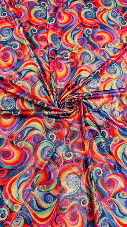 New Swirl Rainbow abstract design metallic nylon spandex 4-way stretch 58/60” Sold by the YD Ships Worldwide from Los Angeles California USA