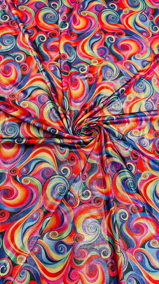 New Swirl Rainbow abstract design metallic nylon spandex 4-way stretch 58/60” Sold by the YD Ships Worldwide from Los Angeles California USA