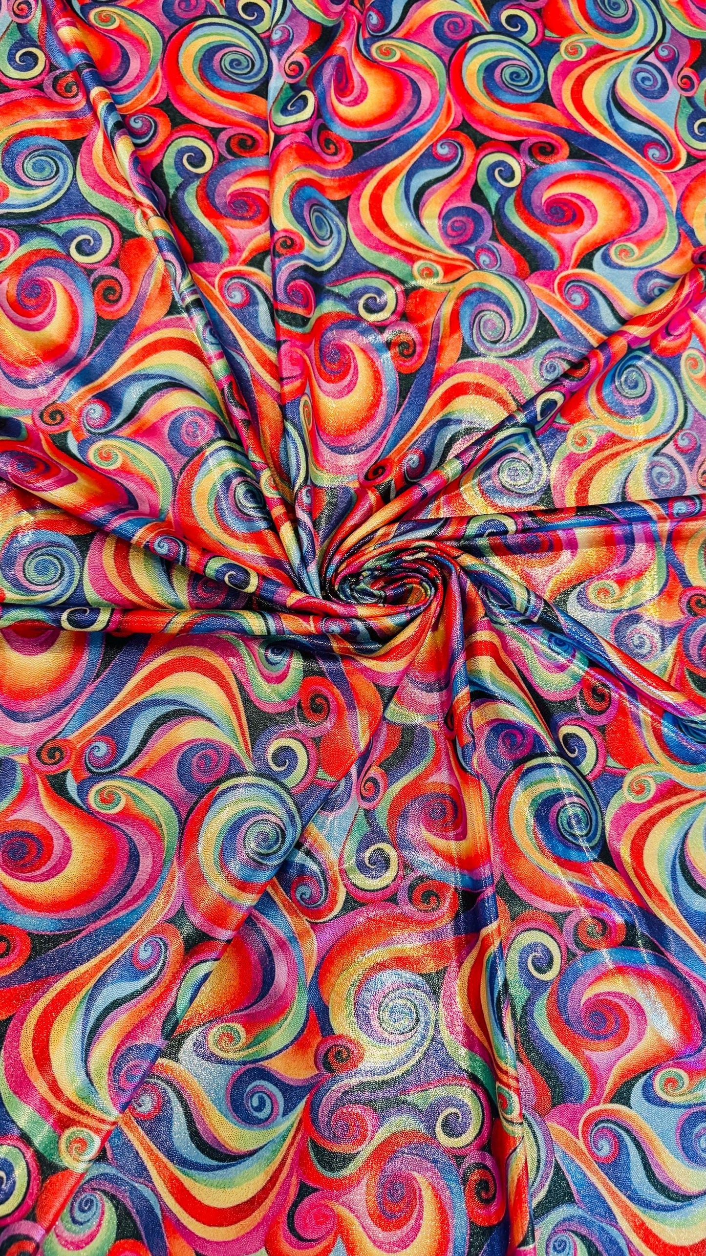New Swirl Rainbow abstract design metallic nylon spandex 4-way stretch 58/60” Sold by the YD Ships Worldwide from Los Angeles California USA