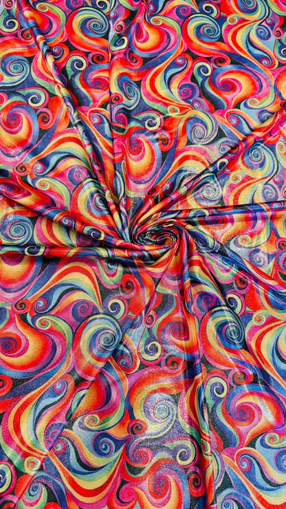 New Swirl Rainbow abstract design metallic nylon spandex 4-way stretch 58/60” Sold by the YD Ships Worldwide from Los Angeles California USA