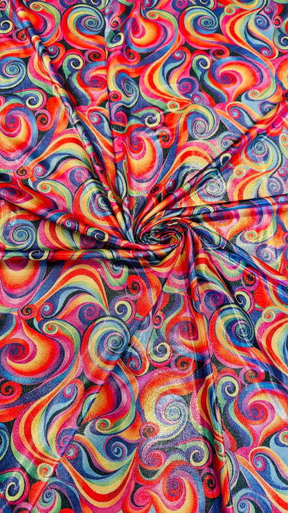 New Swirl Rainbow abstract design metallic nylon spandex 4-way stretch 58/60” Sold by the YD Ships Worldwide from Los Angeles California USA