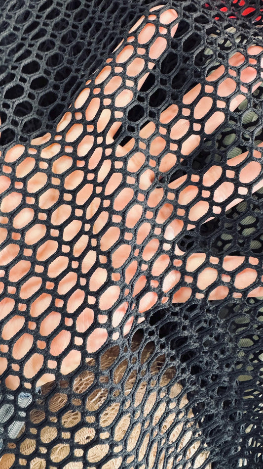 New 3D Black fishnet Geometric design  2-way stretch 58/60” Sold by the YD. Ships worldwide from Los Angeles California USA.