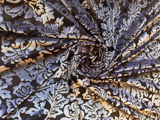 NEW Damask Victoria design Luxury burnout Black/Periwinkle color 4-way stretch 58/60” Sold by the YD. Ships Worldwide from Los Angeles CA