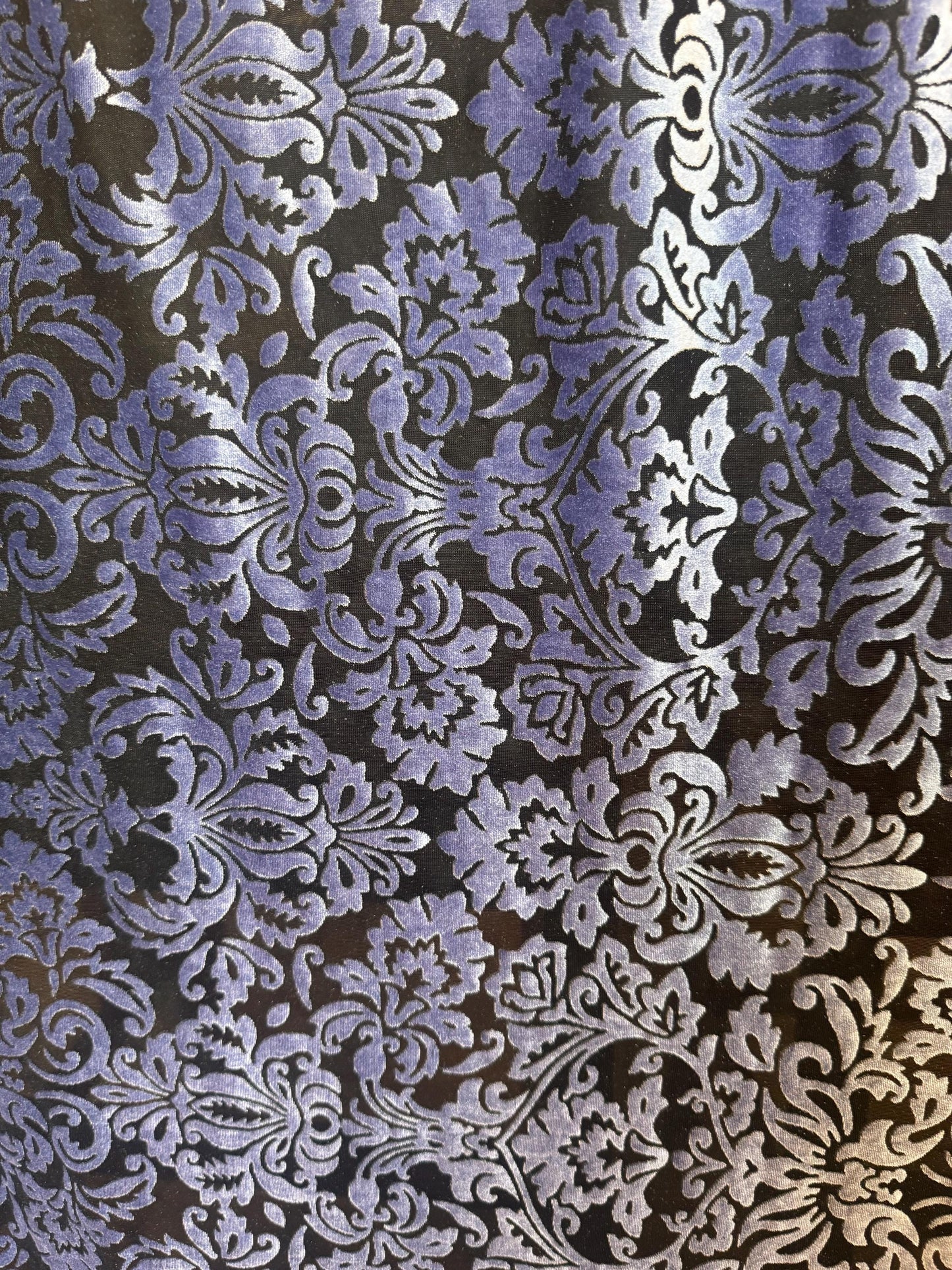 NEW Damask Victoria design Luxury burnout Black/Periwinkle color 4-way stretch 58/60” Sold by the YD. Ships Worldwide from Los Angeles CA