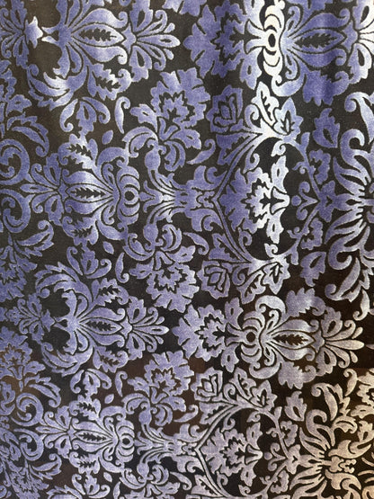 NEW Damask Victoria design Luxury burnout Black/Periwinkle color 4-way stretch 58/60” Sold by the YD. Ships Worldwide from Los Angeles CA