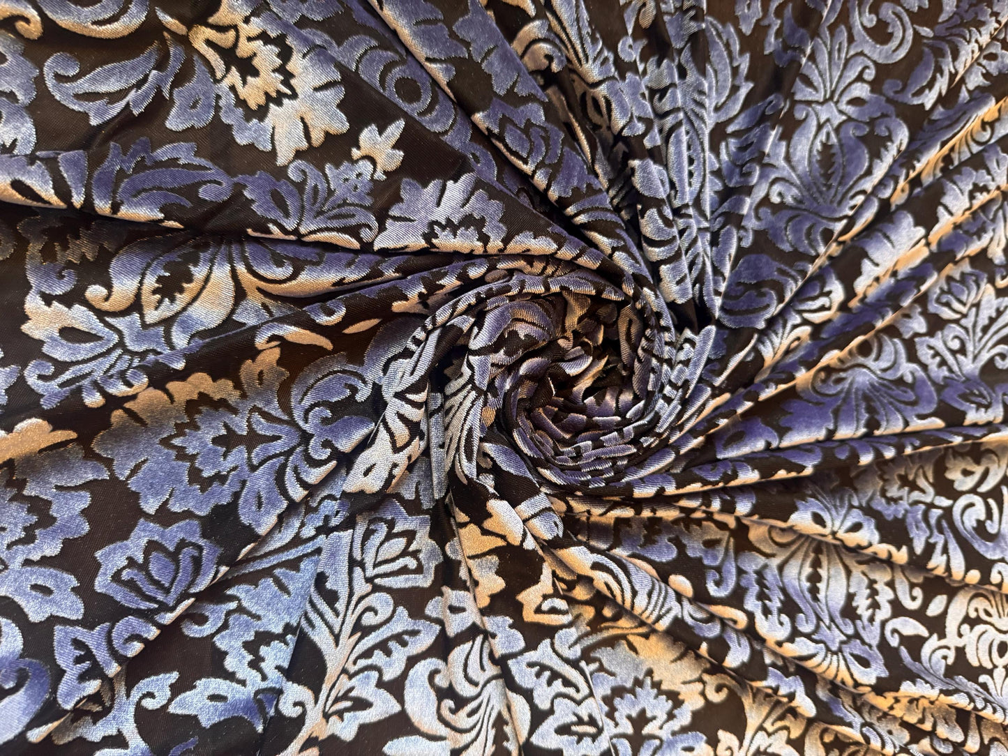 NEW Damask Victoria design Luxury burnout Black/Periwinkle color 4-way stretch 58/60” Sold by the YD. Ships Worldwide from Los Angeles CA